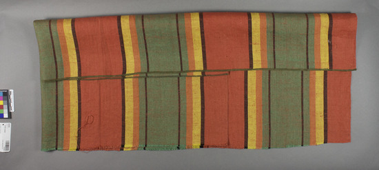 Hearst Museum object titled Textile sample, accession number 2-62283, described as Strip; linen, plain weave, warp faced, orange weft, warp stripes, varicolored, 50½ inches x 19 inches