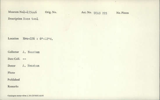 Documentation associated with Hearst Museum object titled Bone tool, accession number 1-155446, described as Bone Tool. Notice: Image restricted due to its potentially sensitive nature. Contact Museum to request access.
