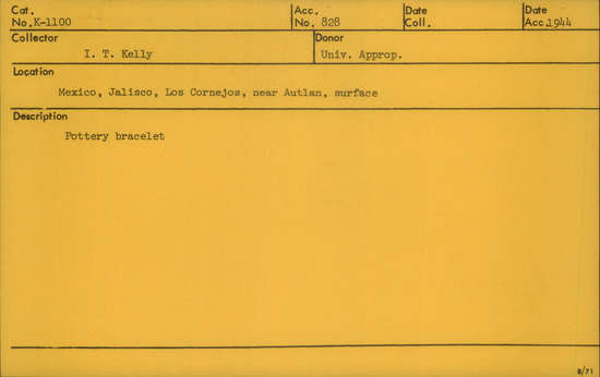 Documentation associated with Hearst Museum object titled Bracelet fragment, accession number K-1100, described as Pottery bracelet fragment.