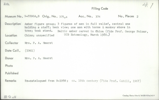 Documentation associated with Hearst Museum object titled Figures, accession number 9-5596a,b, described as Amber figure group; 3 figures of men in full relief, central one holding a staff; back view; one man with horse and monkey above in tree; teak stand; Baltic amber carved in China (fide Prof. George Poinar, UCB Entomology, March 1980)