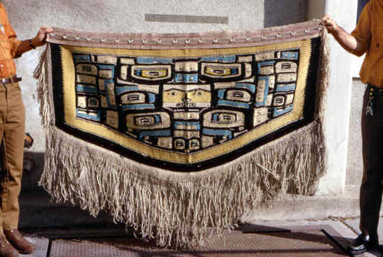 Hearst Museum object 4 of 5 titled Chilkat blanket, accession number 2-10771, described as Black, blue and yellow pattern, heavily fringed.