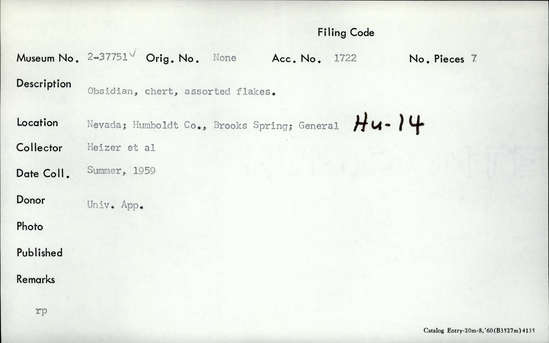 Documentation associated with Hearst Museum object titled Assorted flakes, accession number 2-37751, described as Obsidian, chert, assorted flakes