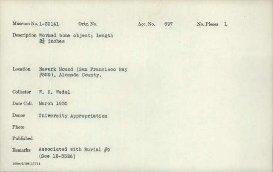 Documentation associated with Hearst Museum object titled Tube, accession number 1-29141, described as Worked.