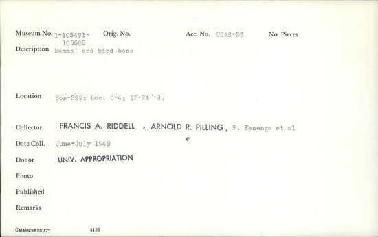 Documentation associated with Hearst Museum object titled Faunal remains, accession number 1-105500, described as Mammal and bird.