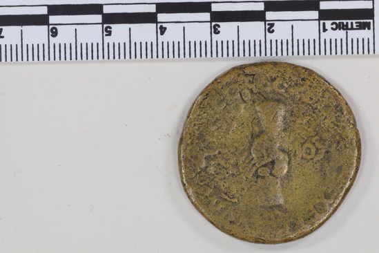 Hearst Museum object 13 of 14 titled Coin: æ sestertius, accession number 8-6029, described as Coin: Sestertius; Æ; Nerva - 21.49 grams. Obverse: IMP[NERVA CAES] AVG    PM TRP COS III PP - Head laureate facing right. Reverse: CONCORDIA EXERCITVVM-  SC; clasped hands holding legionary eagle set on prow facing left.