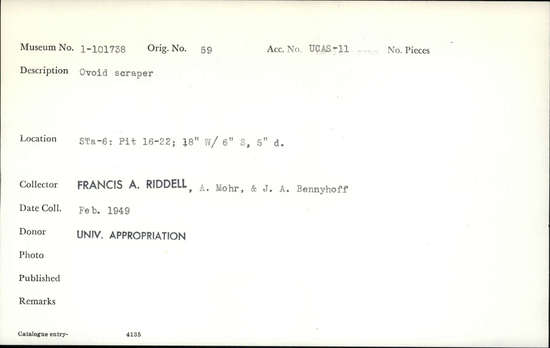 Documentation associated with Hearst Museum object titled Worked stone, accession number 1-101738, described as Ovoid scraper