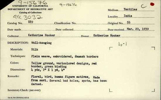Documentation associated with Hearst Museum object titled Wall hanging, accession number 9-15676, described as Wall-hanging.  Silk.  Plain weave, embroidered, damask borders.  Yellow ground, varicolored designs, red border, green binding.  Floral, bird, human figure motives.  Made from sari.  Several bad holes, spots, has been darned.  4 yards, 2 inches by 1 yard, 4 inches.