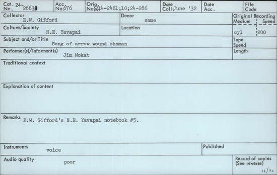 Documentation associated with Hearst Museum object titled Audio recording, accession number 24-2663, described as Song of arrow wound shaman