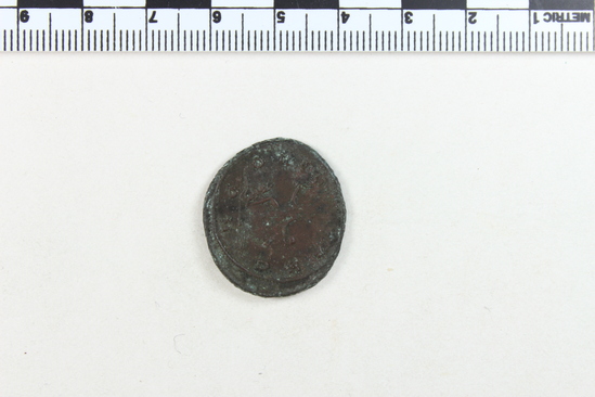 Hearst Museum object 8 of 8 titled Coin: billon antoninianus, accession number 8-4067, described as Coin; Billon; Antoninianus; Roman. 4.30 grams, 26 mm. Aurelian, 270-275 AD. Rome, Italy. Obverse: IMP C AVRELIANVS, Bust r. radiate. Reverse: ORIENS AVG, Sol l., between two captives, in exergue P M