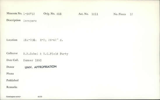 Documentation associated with Hearst Museum object titled Scrapers, accession number 1-96713, described as Scrapers.