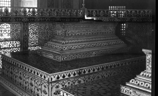 Hearst Museum object titled Black-and-white negative, accession number 15-30350, described as 8 X 10" Black and white negative of the Tomb of Shah Jahan.  Hoefler's original description: "British India. Interior photograph of Tomb of Shan Jahan. Note inlay work.