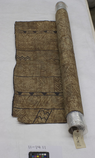 Hearst Museum object titled Tapa cloth, accession number 11-1411, described as Tapa with decoration of diagonal brown lines within squares.