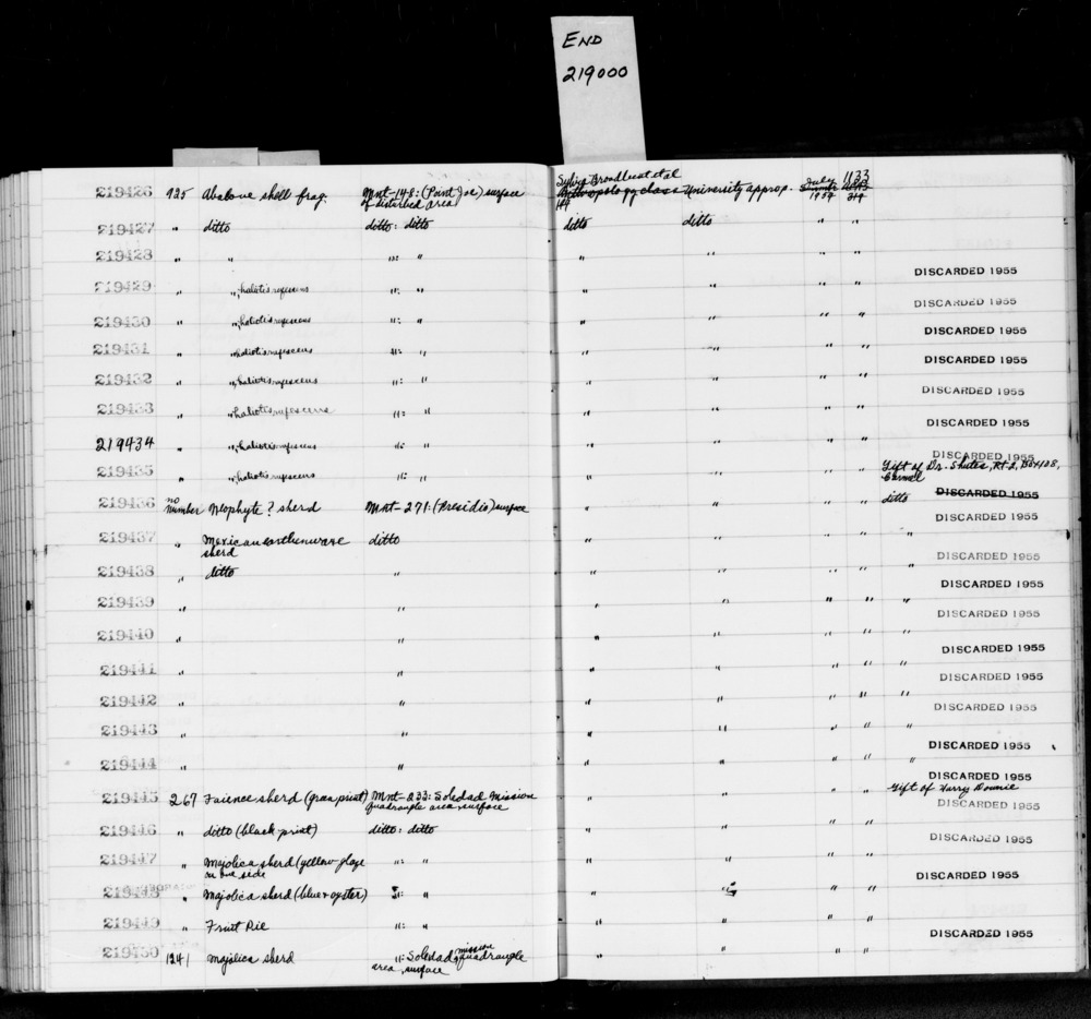 Documentation associated with Hearst Museum object titled Shell fragment, accession number 1-219426, described as abalone shell frag.