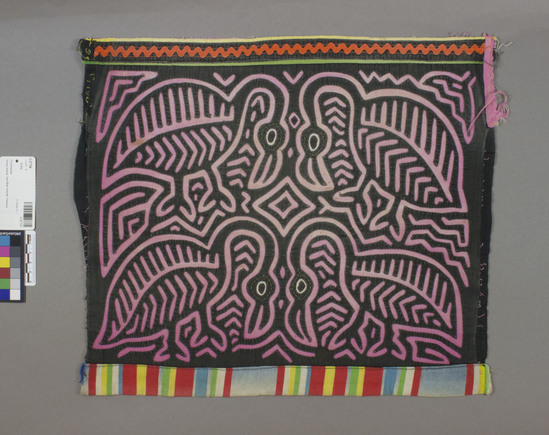Hearst Museum object titled Mola, accession number 3-27754, described as Mola; 2 pairs of long-necked birds facing each other; black on pink; eyes of white and black cloth; mugan type (2 colors, 2 layers); orange ricrac at top; varicolored striped section at bottom; 42.5 x 37 cm. Multilayered applique cotton cloth; all stitching by hand.
