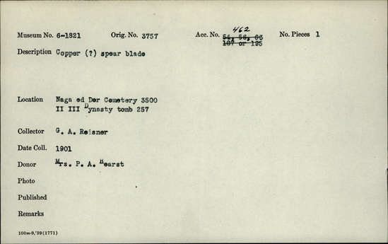 Documentation associated with Hearst Museum object titled Spear blade, accession number 6-1821, described as Copper (?) spear blade