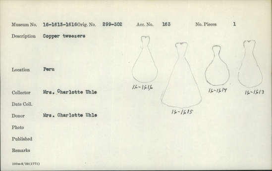 Documentation associated with Hearst Museum object titled Tweezers, accession number 16-1615, described as Copper tweezers.