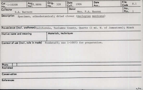 Documentation associated with Hearst Museum object titled Clover, accession number 1-10208, described as Specimen, ethnobotanical; dried clover (Asclepias mexicana).