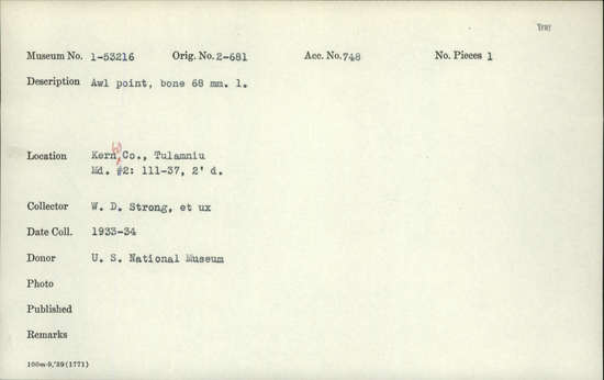 Documentation associated with Hearst Museum object titled Awl, accession number 1-53216, described as Awl point, bone.