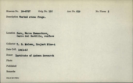 Documentation associated with Hearst Museum object titled Worked stone fragments, accession number 16-6757, described as Worked stone frags.