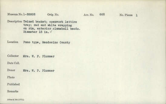 Documentation associated with Hearst Museum object titled Basket, accession number 1-28802, described as Openwork lattice tray. Red and white wrapping on rim, exterior clamshell beads.
