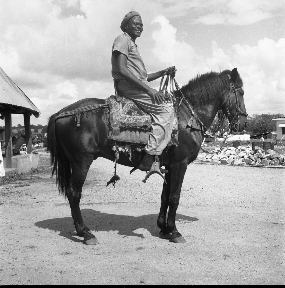 Hearst Museum object titled Black-and-white negative, accession number 15-31797, described as Black-and-white negative, Nigeria, Oyo, Man on horse, (Alagbede?), 1951