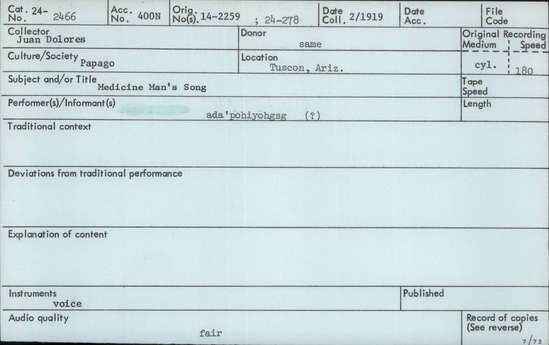 Documentation associated with Hearst Museum object titled Audio recording, accession number 24-2466, described as Medicine Man's Song