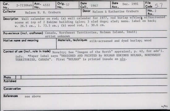 Documentation associated with Hearst Museum object titled Wall calendar, accession number 2-71506a,b, described as Wall Calendar on rod; (a) wall calendar from 1977, red burlap with black silkscreened scene at top of two Eskimo building igloo; three sled dogs; sled; manufacturing label on back; width 26.5 cm, 1. 73.5 cml (b) wood rod, 1. 30.6 cm
