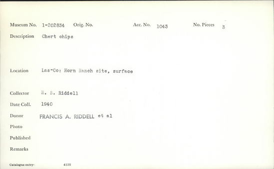 Documentation associated with Hearst Museum object titled Flakes, accession number 1-202834, described as Chert