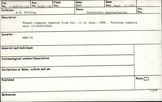 Documentation associated with Hearst Museum object titled Faunal remains, accession number 1-240143, described as Faunal remains removed from 12-9526.