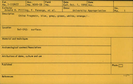 Documentation associated with Hearst Museum object titled China fragment, accession number 1-119477, described as From ledger:  Blue.