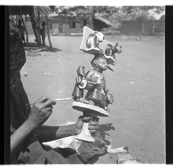 Hearst Museum object titled Black-and-white negative, accession number 15-30910, described as Black and white negative, 2.25'' Nigeria, Meko, Duga - painting the Oshe Shango, 1951