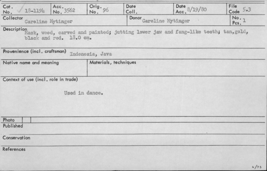 Documentation associated with Hearst Museum object titled Mask, accession number 18-1194, described as Mask, wood, carved and painted; jutting lower jaw and fang-like teeth; tan, gold, black and red. Used in dance. 18.0 cm.