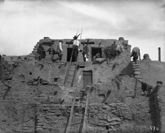 Hearst Museum object titled Black-and-white negative, accession number 15-178, described as View of house and Indians