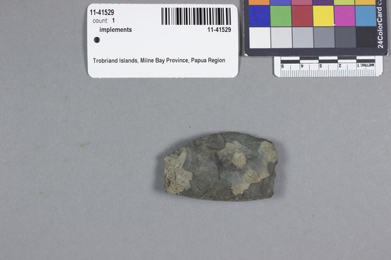 Hearst Museum object titled Implement, accession number 11-41529, described as One of a series of stone implements; battered blades and chunks. Some with archaeological patination.