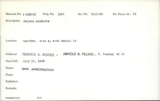 Documentation associated with Hearst Museum object titled Pendants, accession number 1-108393, described as Abalone pendants.