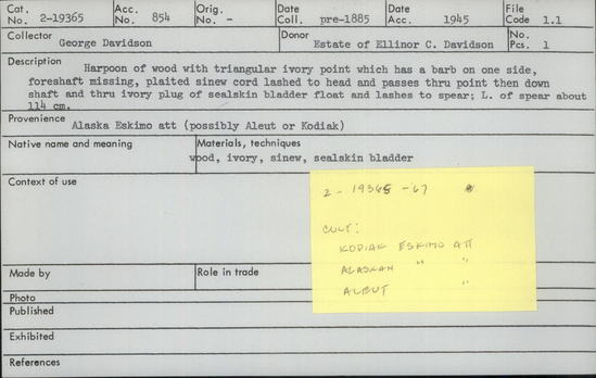 Documentation associated with Hearst Museum object titled Harpoon, accession number 2-19365, described as Harpoon of wood with triangular ivory point which has a barb on one side. Foreshaft missing, plaited sinew cord lashed to head. The cord passes through point then down shaft and through ivory plug of sealskin bladder float and lashes to spear.