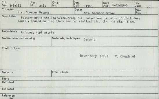 Documentation associated with Hearst Museum object titled Bowl, accession number 2-34355, described as Pottery bowl; shallow with incurving rim; polychrome; 4 pairs of black dots equally spaced on rim; black and red stylized bird (?).