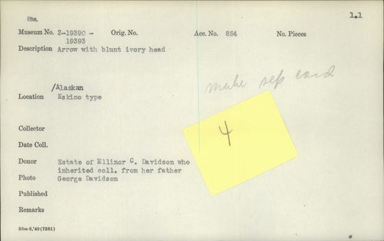 Documentation associated with Hearst Museum object titled Arrow, accession number 2-19391, described as Blunt ivory head.