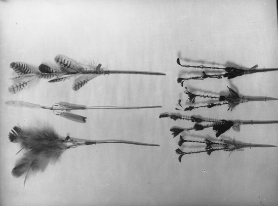 Hearst Museum object titled Black-and-white negative, accession number 15-4999, described as Feather dart headdresses; 1-12179, 12177, 12180, 2810, 2809, 2806, 2808