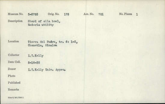 Documentation associated with Hearst Museum object titled Bowl fragment, accession number 3-5783, described as Sherd of olla bowl, red-rim utility.