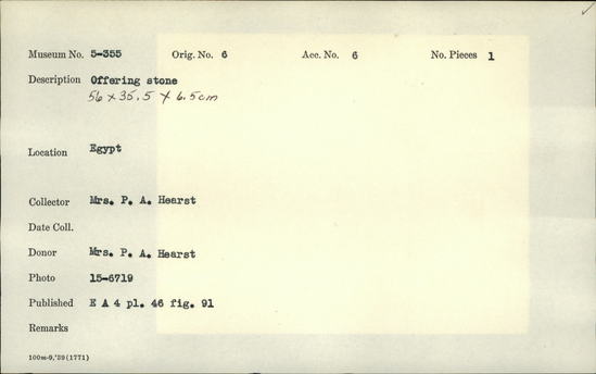 Documentation associated with Hearst Museum object titled Offering table, accession number 5-355, described as Offering stone.