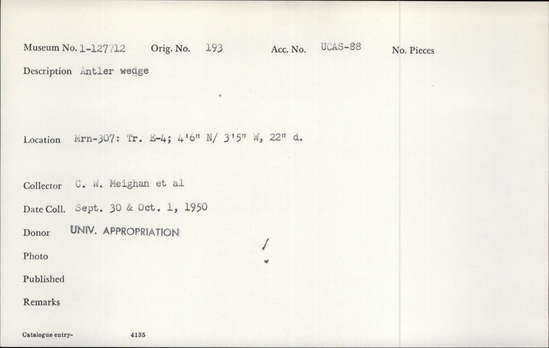 Documentation associated with Hearst Museum object titled Wedge, accession number 1-127712, described as Antler wedge.