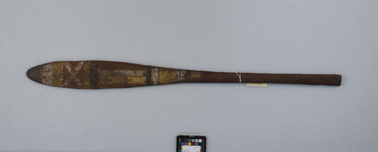 Hearst Museum object 4 of 6 titled Paddle, accession number 11-40803, described as Paddle- painted bands of yellow, red, white and black going in up and down and across directions; towards end of paddle white cross painted on both faces