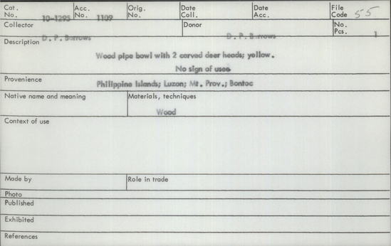 Documentation associated with Hearst Museum object titled Pipe bowl, accession number 10-1295, described as Wood pipe bowl with 2 carved deer heads; yellow. No sign of use