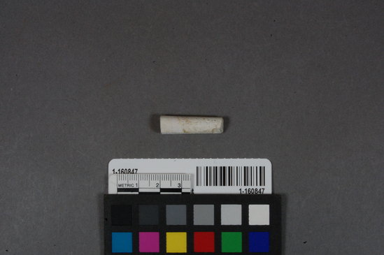 Hearst Museum object titled Smoking pipe fragment, accession number 1-160847, described as Clay pipe stem fragment with "Glasgow" impressed on surface.