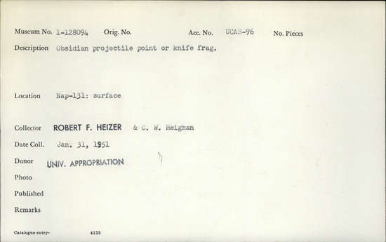 Documentation associated with Hearst Museum object titled Projectile point or knife, accession number 1-128094, described as Obsidian projectile point or knife fragment.