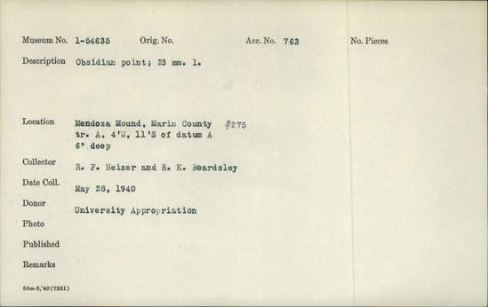 Documentation associated with Hearst Museum object titled Point, accession number 1-54635, described as Obsidian.