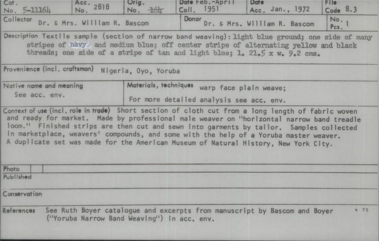 Documentation associated with Hearst Museum object titled Textile sample, accession number 5-11164, described as textile sample (section of narrow band weaving):  light blue ground; one side of many stripes of navy and medium blue; off center stripe of alternating yellow and black threads; one side of a stripe of tan and light blue;  l. 21.5 x w. 9.2 cms.