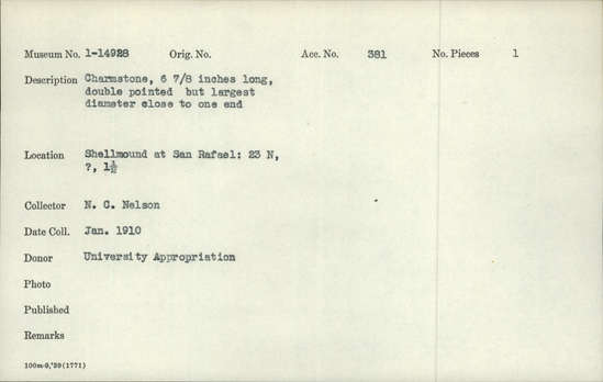 Documentation associated with Hearst Museum object titled Charmstone, accession number 1-14928, described as Double pointed, largest diameter close to one end. Notice: Image restricted due to its potentially sensitive nature. Contact Museum to request access.