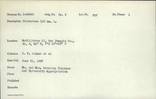 Documentation associated with Hearst Museum object titled Charmstone, accession number 1-48945, described as Charmstone.